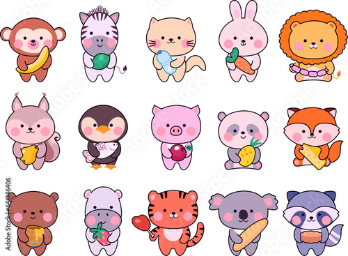 Cute tiny animals with food. Funny tiny animal, asian graphic art zoo characters. Childish stickers, fruits and vegetables, sweets nowaday vector set