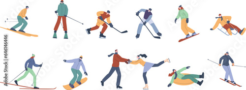 Winter sports characters. Snowboard, ski and skating. Outdoor winter activity, snowboarders, skiers. Extreme sport group, kicky healthy vector lifestyle
