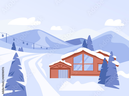 Winter cozy chalet in mountains. Ski resort landscape, christmas holidays travel and rest. Snow nature and slopes, kicky vector background