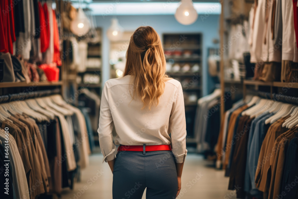 Fashion Retailer: Woman Exploring Store, from Behind Fashion Retailer: Woman Exploring Store, from Behind