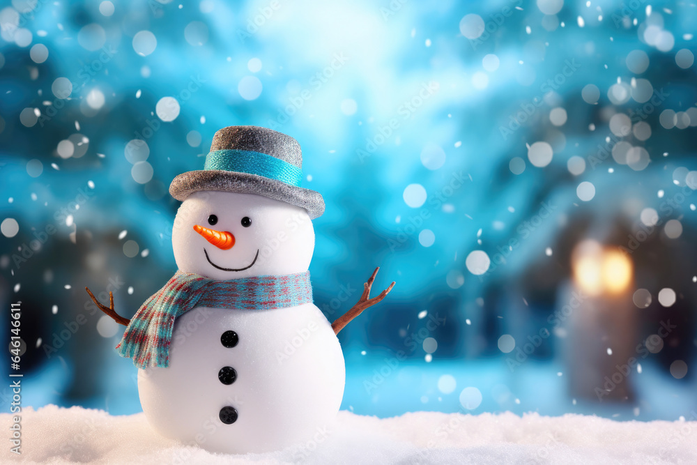 Joyful Snowman on a Background of Festive Beauty
