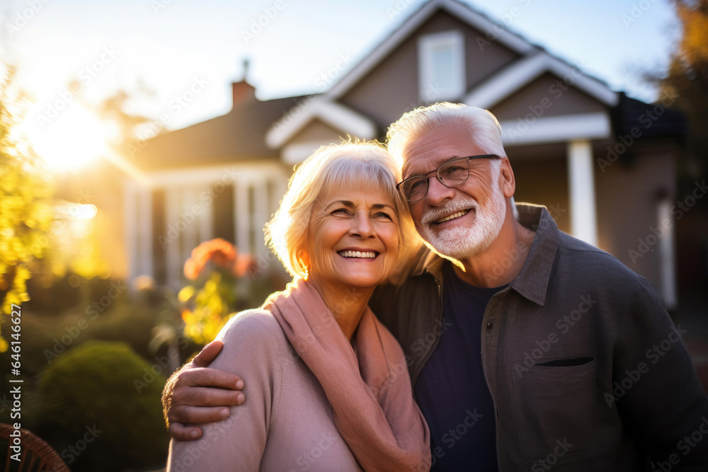 Happy Senior Couple Posing by Their Home Happy Senior Couple Posing by Their Home
