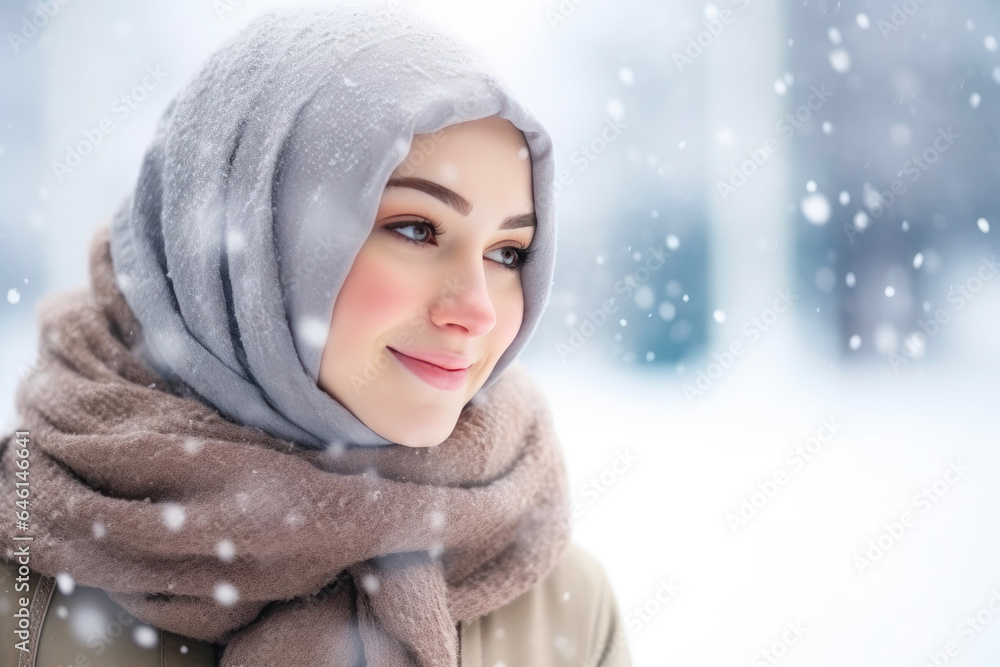 Obraz premium Elegant Muslim Woman Embracing Winter's Beauty