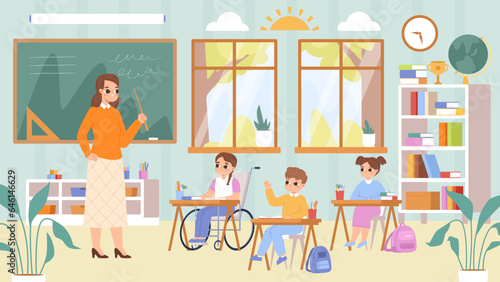 Inclusive studying in school. Disability child in wheelchair learning in class with teacher and friends. Inclusion education snugly vector scene