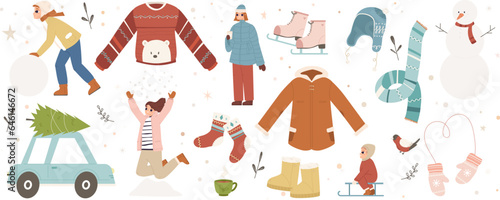 Winter casual characters, happy adults and kids. Snowy season outfits, sweater, socks and boots. Baby on sledding, teacup and snugly hat vector clipart
