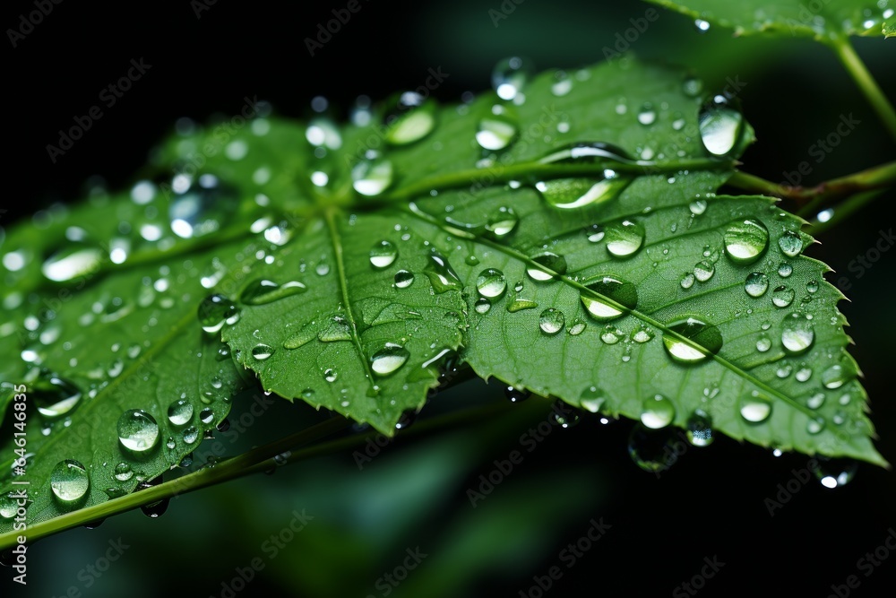 macro photograph of water droplets on a green leaf macro photograph of water droplets on a green leaf