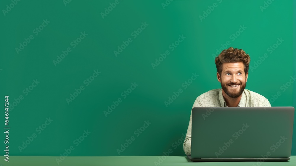 Happy man with laptop, young teacher holding computer, isolated green background with copy space Happy man with laptop, young teacher holding computer, isolated green background with copy space