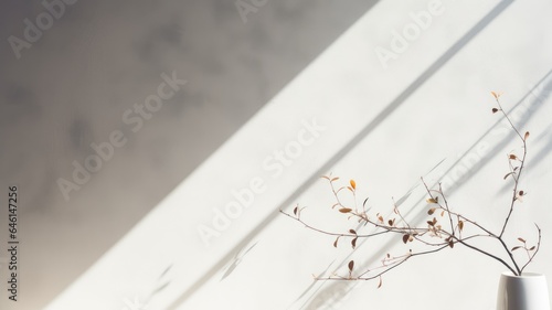 Plant shadow on the white wall, light background with copy space