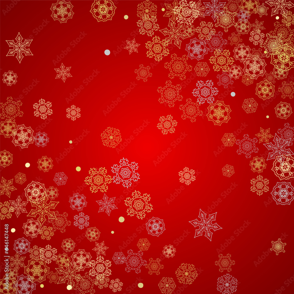 Christmas snow on red background. Glitter frame for seasonal winter banners, gift coupon, voucher, ads, party event. Santa Claus colors with golden Christmas snow. Falling snowflakes for holiday Christmas snow on red background. Glitter frame for seasonal winter banners, gift coupon, voucher, ads, party event. Santa Claus colors with golden Christmas snow. Falling snowflakes for holiday