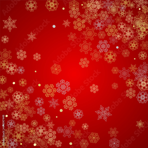 Christmas snow on red background. Glitter frame for seasonal winter banners  gift coupon  voucher  ads  party event. Santa Claus colors with golden Christmas snow. Falling snowflakes for holiday