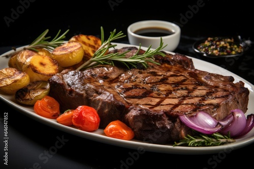 Grilled meat, beef t-bone steak with rosemary on a black stone table.