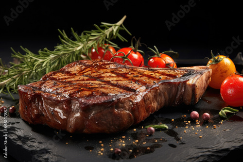 Grilled meat, beef t-bone steak with rosemary on a black stone table.