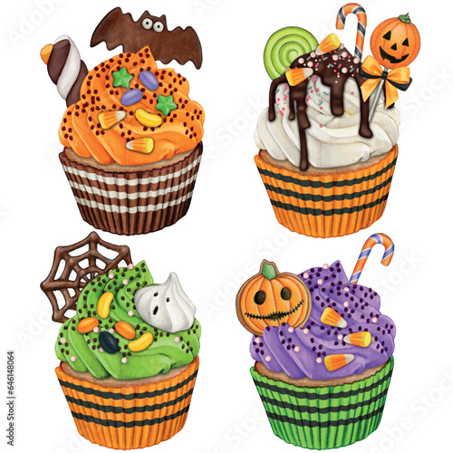 Watercolor decorated colorful halloween cupcakes