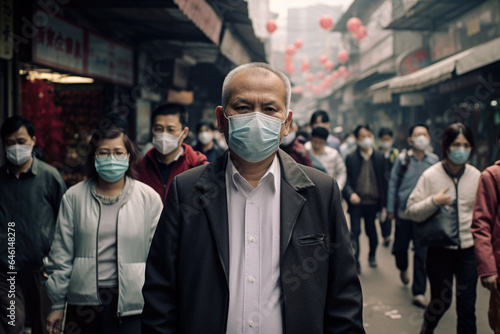 Chinese City with People Wearing Masks - Senior Man, Street Scene, Generative AI