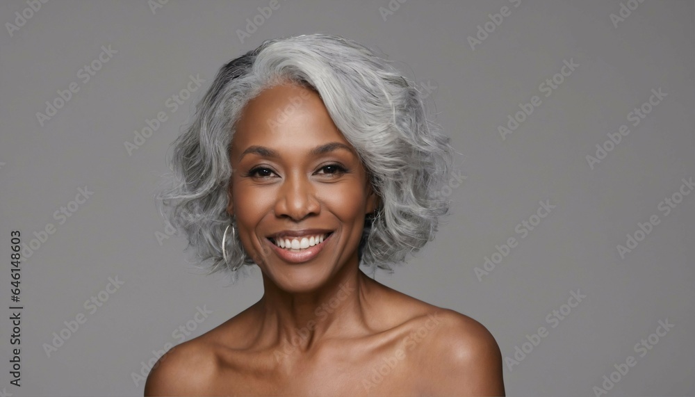 Gorgeous mature woman with long gray hair and smooth healthy skin smiling happily in beauty and cosmetics skincare advertising concept Gorgeous mature woman with long gray hair and smooth healthy skin smiling happily in beauty and cosmetics skincare advertising concept