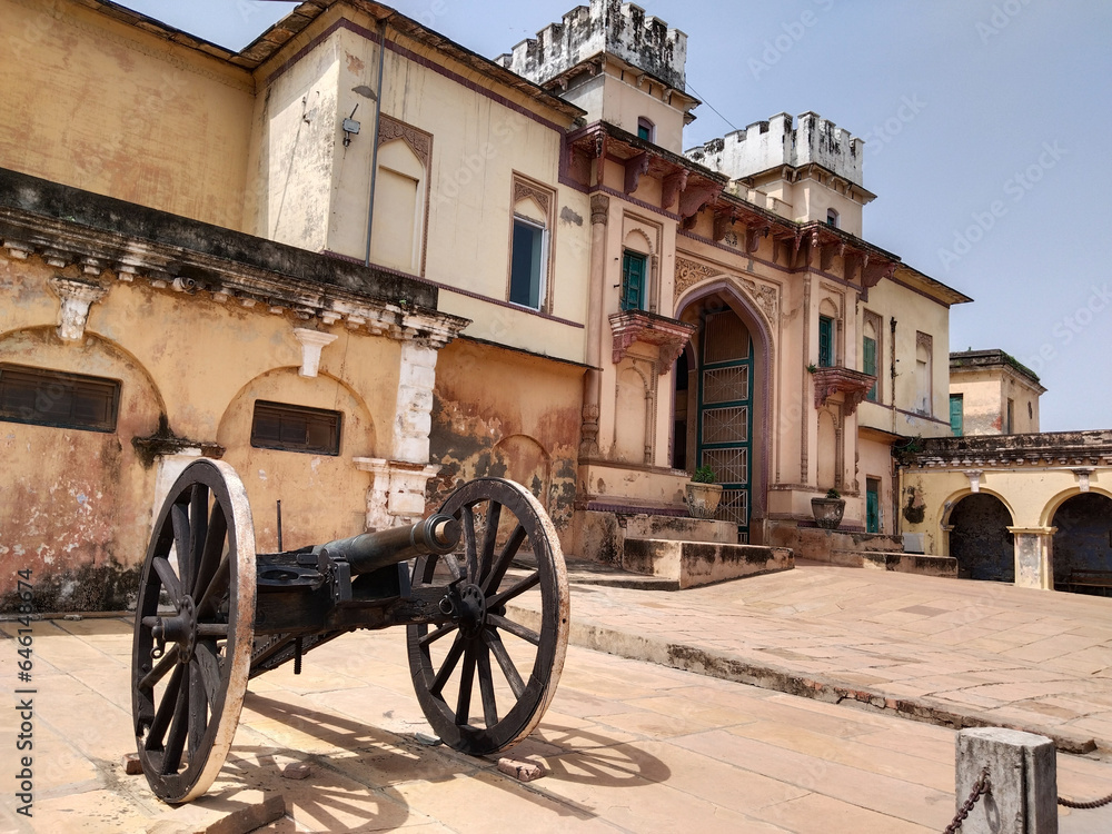 Ancient cannon on the courtyard of a royal residential building at Ramnagar Fort, Varanasi India.
