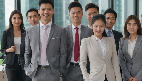 Asian businesspeople in business suits, posing powerfully, exuding confidence and symbolizing a dynamic corporate team with captivating unity and professionalism