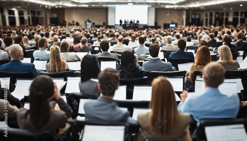 Business symposium speaker on stage with audience sitting in lecture hall viewed from behind