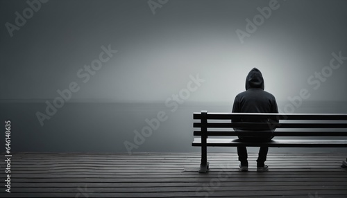 Anxiety solitary man in hoodie sitting on bench from behind against empty dark grey background with copy space