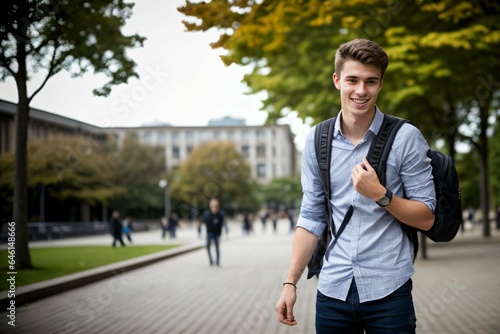 College campus outdoors portrait of male caucasian student smiling and carrying school bags, education