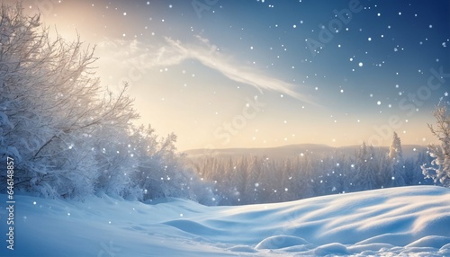 Winter snow scene with snowdrifts, beautiful light and snow flakes on blue sky in the evening, banner format, copy space
