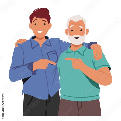 Warm Embrace Shared Between Youthful And Elderly Men, Transcending Age Through Genuine Connection, Vector Illustration