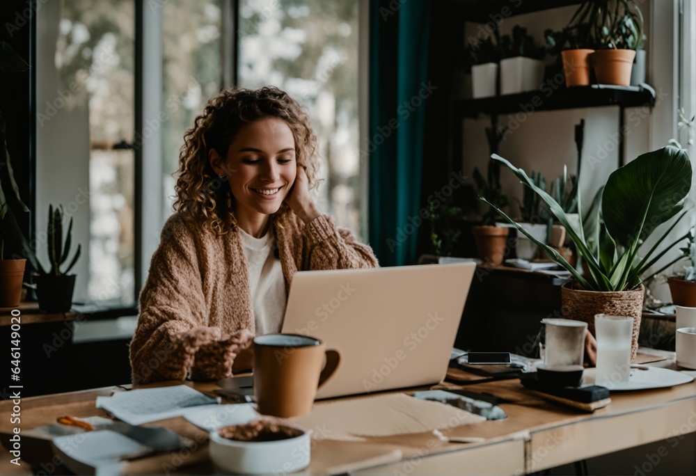 Work from home office young gen Z wfh concept relax sit easy at cozy desk write note think idea plan self MBA study reskill upskill