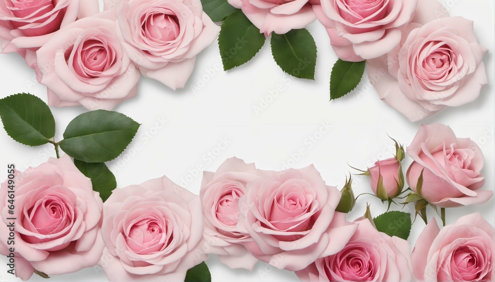 Fototapeta premium Close up of blooming pink roses flowers and petals on white table background - decorative web banner, floral frame composition, empty space, flat lay, top view