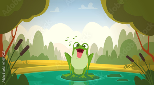 Jumping frog. Cartoon background with cute animals frogs exact vector pictures