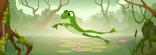 Cartoon frog background. Wild animal in lake exact vector frog jumping © ONYXprj