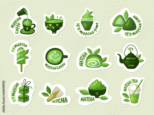 Matcha. Stickers with natural asian detox food recent vector green matcha products