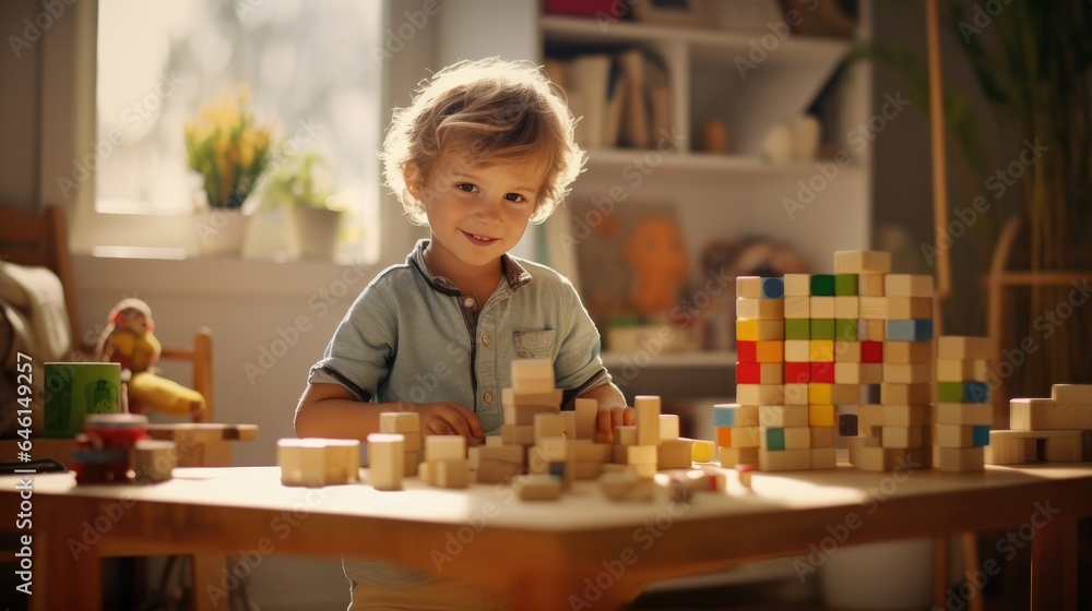 Happy kid playing with building blocks at home. Young boy plays with wooden blocks in bright child's room. Block tower. Educational games. Development of child's attention, concentration, dexterity - obrazy, fototapety, plakaty 