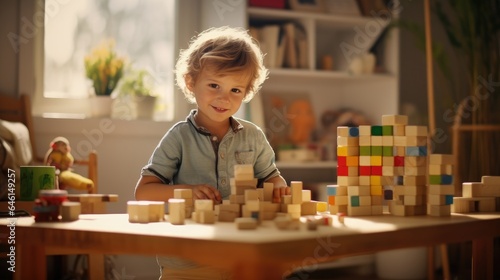 Happy kid playing with building blocks at home. Young boy plays with wooden blocks in bright child's room. Block tower. Educational games. Development of child's attention, concentration, dexterity