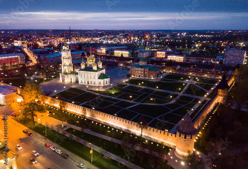 Aerial view of Kremlin and the Assumption Church in Tula in the evening