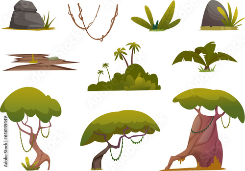 Jungle. Tropical trees bushes palm exact vector cartoon creation kit illustration