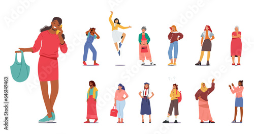 Set Different Women. Multiethnic Female Characters, African, Arab, Caucasian Girls and Old Ladies, Student, Schoolgirl,