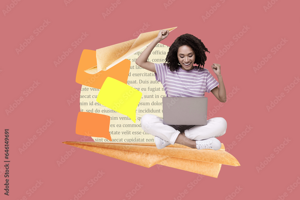 Artwork collage of mini excited girl sit huge paper plane use netbook raise fists dialogue bubble book page text isolated on pink background - obrazy, fototapety, plakaty 