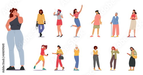 Set of Different Women. Senior and Teen Female Characters, Young Girls and Aged Ladies Wear Fashioned Clothes, Fun
