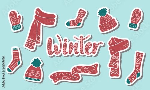 Hat, scarf, mittens, socks sticker. Cute warm knitted clothes. Collection of winter autumn cozy outerwear. Set of seasonal stickers for design. Isolated clothing elements