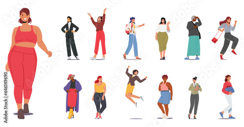 Set of Different Women. Curve and Slim, Old and Young, Happy and Confused Female Characters, Youth Girls and Aged
