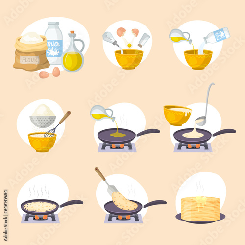 Pancakes cooking. Kitchen production stages for preparing delicious pancakes recent vector cartoon illustrations