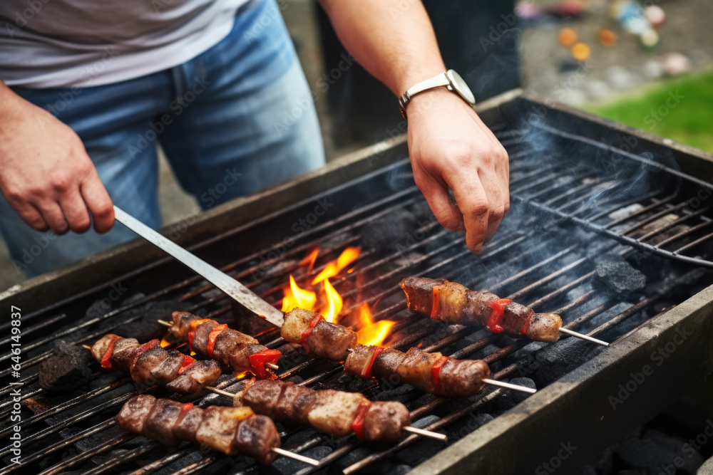 Person is cooking meat on grill. This image can be used to showcase outdoor cooking, BBQ parties, or summer grilling.