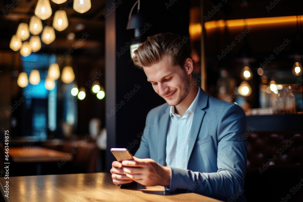 Man sitting at table, focused on his cell phone. This image can be used to depict modern technology, communication, or social media addiction.
