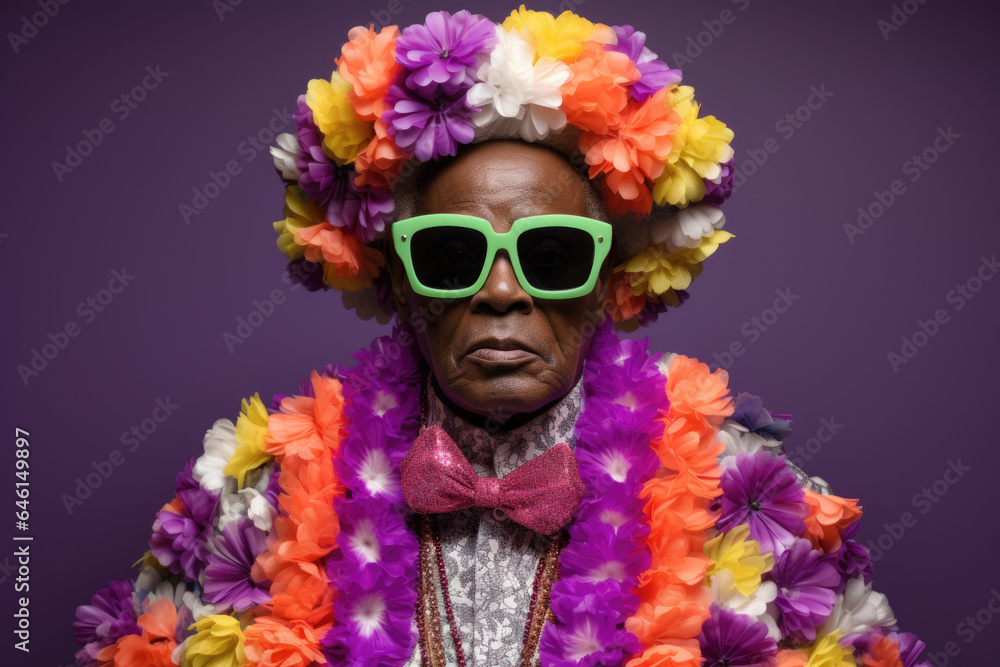 Man wearing vibrant and eye-catching outfit with sunglasses. This picture can be used to depict fashion, style, or bold personality. Man wearing vibrant and eye-catching outfit with sunglasses. This picture can be used to depict fashion, style, or bold personality.