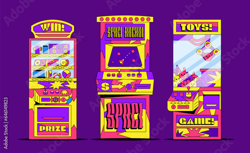 Retro arcade slot machines in 90s style. Vector set of game cabinet prizes and luck. Display of cartoon game with joystick