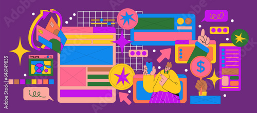 Retro online business and finance notification tab frames. Cartoon illustration of 90s style PC web page. Old computer style.