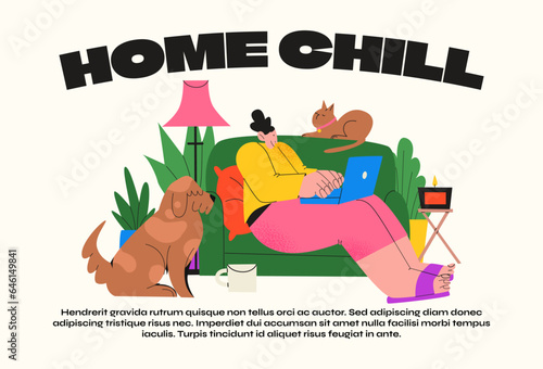 Cartoon character woman sitting at home working on the sofa. Home interior, comfort, vector poster