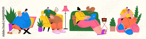 Cartoon retro characters sitting at home on the sofa in the room, household chores, chill relax. Mascots in a cozy homely atmosphere.
