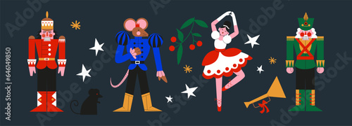 Christmas cartoon characters nutcracker ballerina and guardian mouse, toys in the style of the 90s. New Year illustration doll stickers