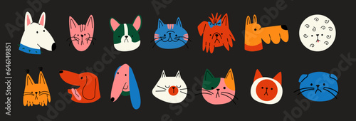 Cartoon retro animal pets heads. Dogs and cats in doodle groovy style. Set of icon avatars